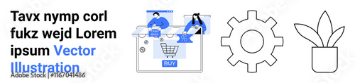 Collaborative team analyzing online shopping cart and transaction process. Large gear icon symbolizing settings, plant illustration suggesting growth. Ideal for e-commerce, teamwork, settings