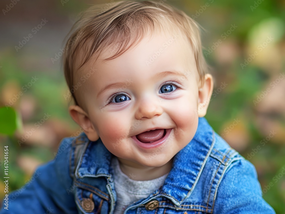 Adorable baby smiling and wearing denim jacket outdoors Adorable baby smiling and wearing denim jacket outdoors