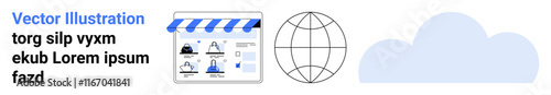Online storefront with blue-striped canopy displaying shopping icons, next to a globe and cloud. Ideal for e-commerce, online shopping, digital marketing, internet connectivity, cloud computing