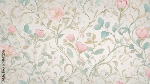 Floral Vintage Pattern: A delicate and romantic floral pattern with pink flowers and green leaves on a white background. Perfect for creating a vintage or shabby chic aesthetic.