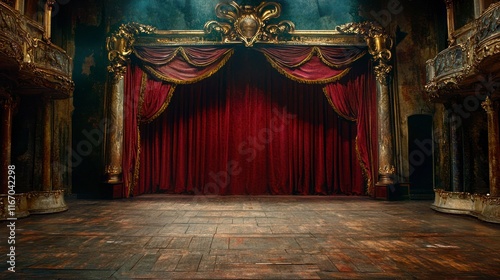 Antique theater stage with red curtains and ornate details. photo