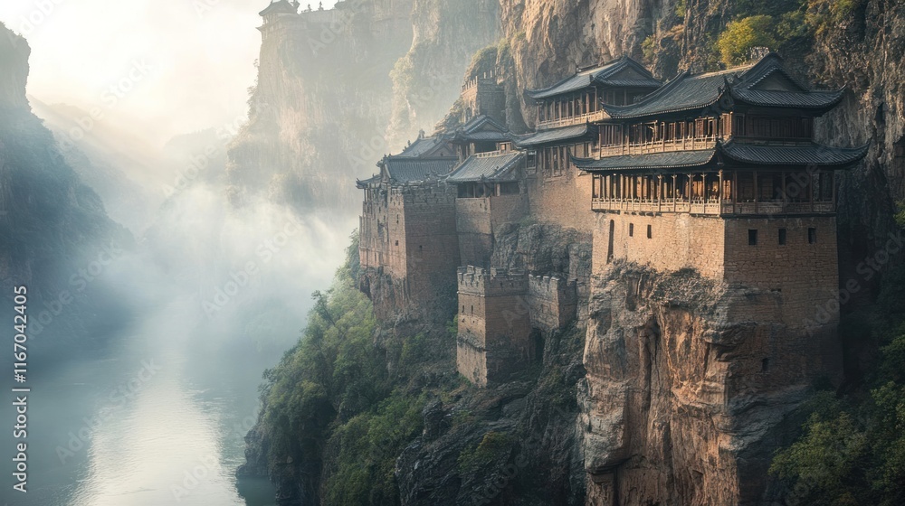 custom made wallpaper toronto digitalAncient Chinese temple built into a cliff side, overlooking a misty river valley.