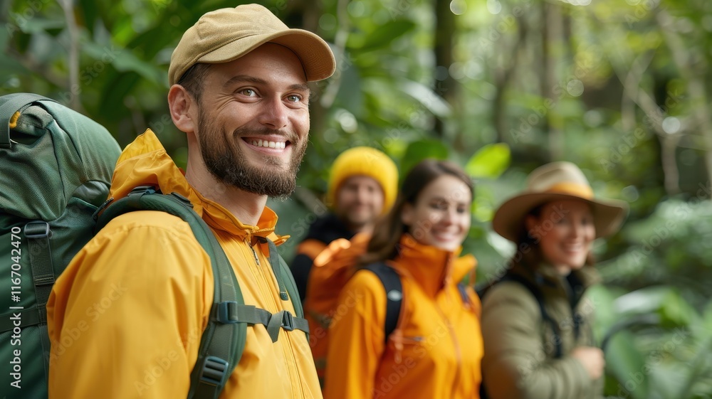 A group of four hikers in vibrant jackets smiles in a lush green forest, showcasing adventure and camaraderie in nature. A group of four hikers in vibrant jackets smiles in a lush green forest, showcasing adventure and camaraderie in nature.