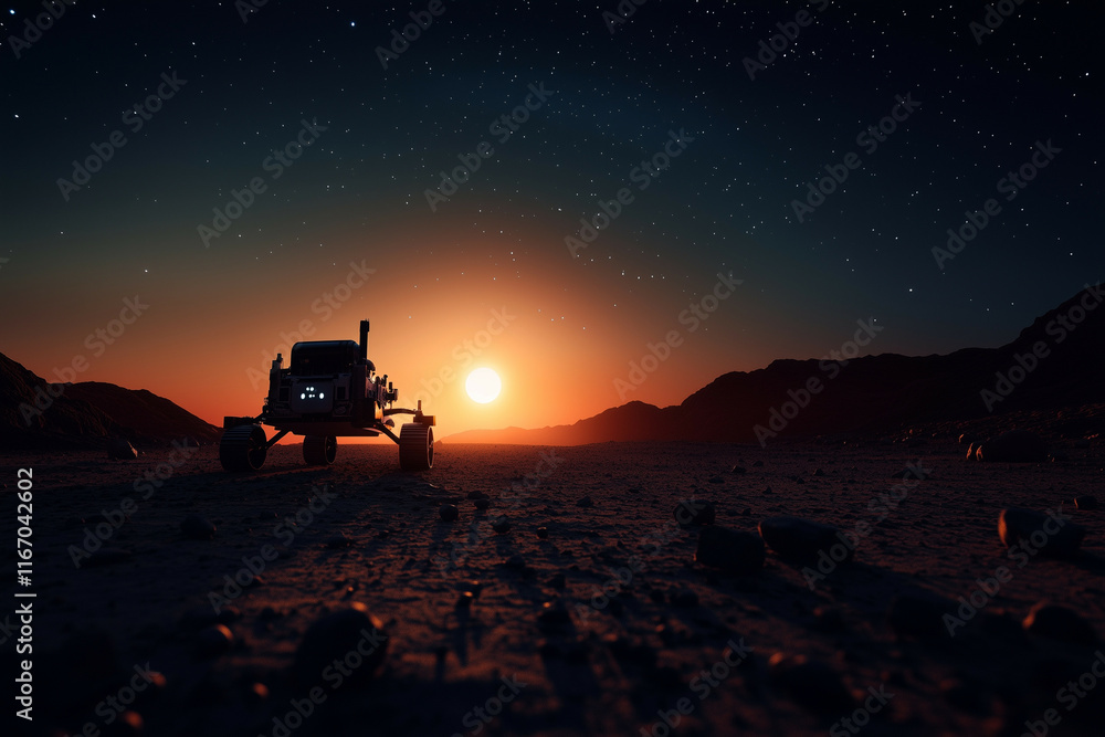 Fototapeta premium A lone rover navigates a barren, red-tinged planet under a starry sky, symbolizing perseverance and humanity's drive to explore unknown worlds