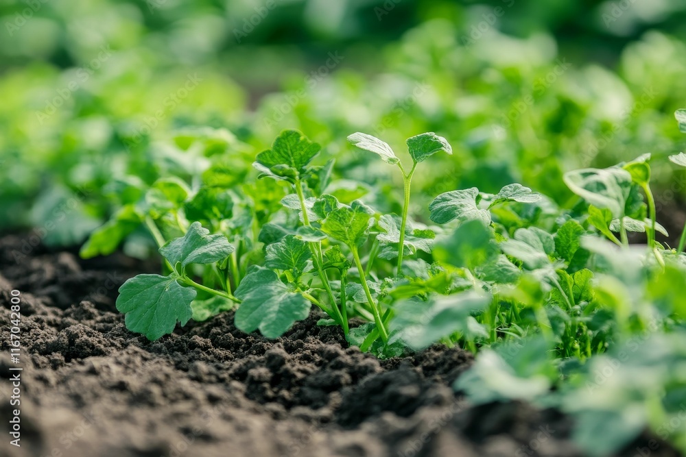 Lush green seedlings sprout from dark soil. Lush green seedlings sprout from dark soil.