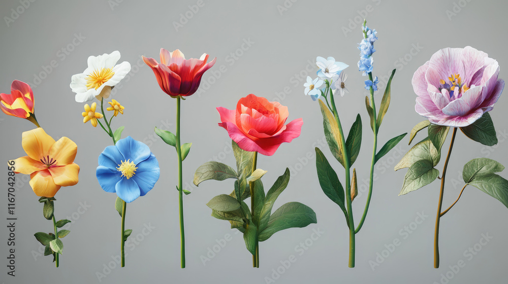 Fototapeta premium Beautiful vibrant flowers in various colors on green stems with leaves against a clean gray background, perfect for decoration or design use