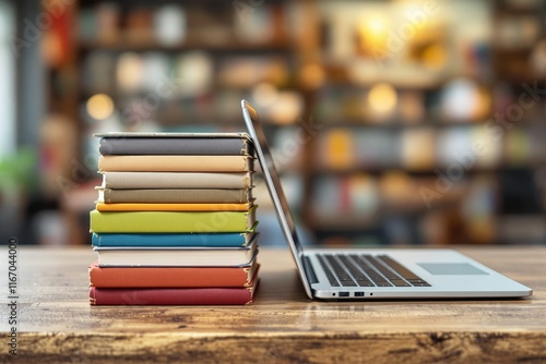 Colorful books stacked next to an open laptop on a wooden desk, blurred library background, warm lighting, concept of learning and technology. Ai generative photo