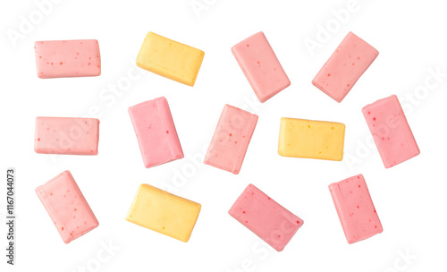Fruit Chews Isolated, Pink Chewable Candies, Fruit Chew Candy Pile, Square Taffy, Colorful Gummy Candies on White Background