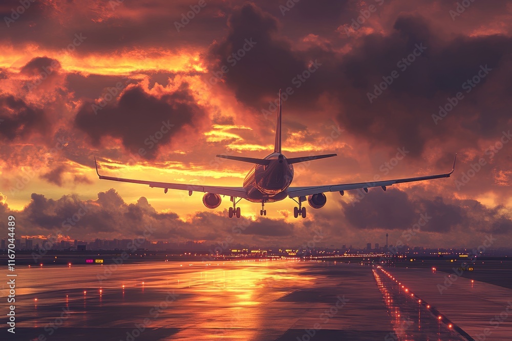 Stunning sunset departure a large passenger airplane takes off against a cloudy sky Stunning sunset departure a large passenger airplane takes off against a cloudy sky