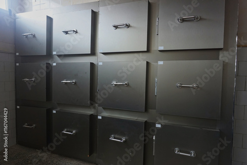 morgue, cold funeral cabinets, hospital morgue room
