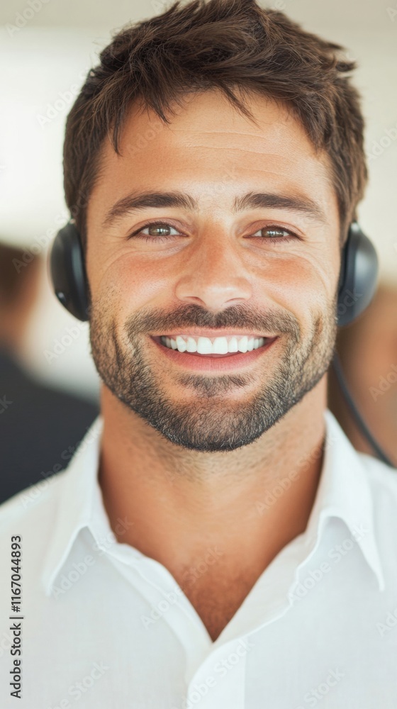 Customer service representative with headphones smiles while helping clients in a busy, bright office setting during daytime hours Customer service representative with headphones smiles while helping clients in a busy, bright office setting during daytime hours