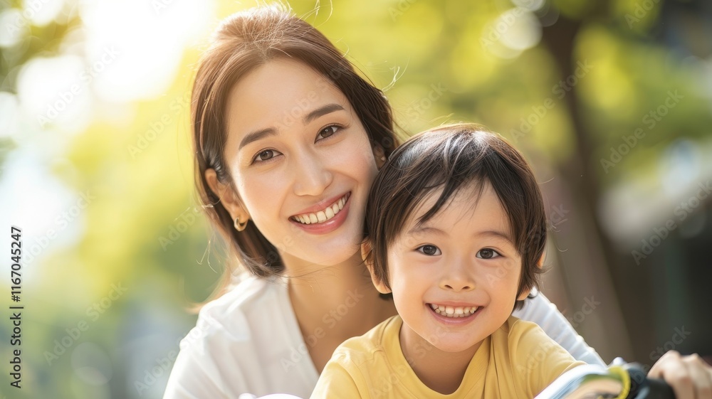 A cheerful woman and child smile together outdoors, surrounded by greenery, capturing a moment of joy and connection. A cheerful woman and child smile together outdoors, surrounded by greenery, capturing a moment of joy and connection.