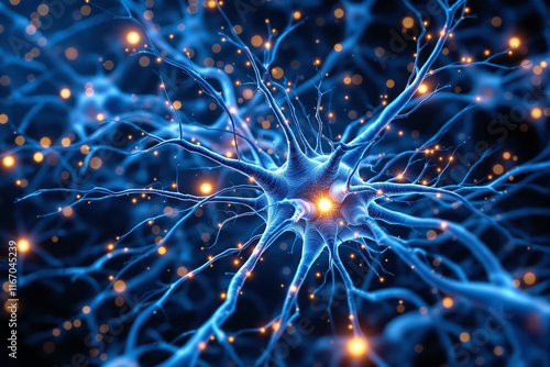 Glowing neuron connections with electric impulses on a dark background, showcasing neural activity and connection concept. Ai generative photo