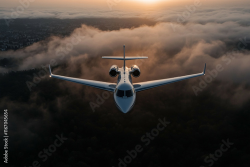 A private jet illuminated by golden sunlight, flying over a sea of fluffy clouds, symbolizing the pinnacle of luxury and the thrill of flight.