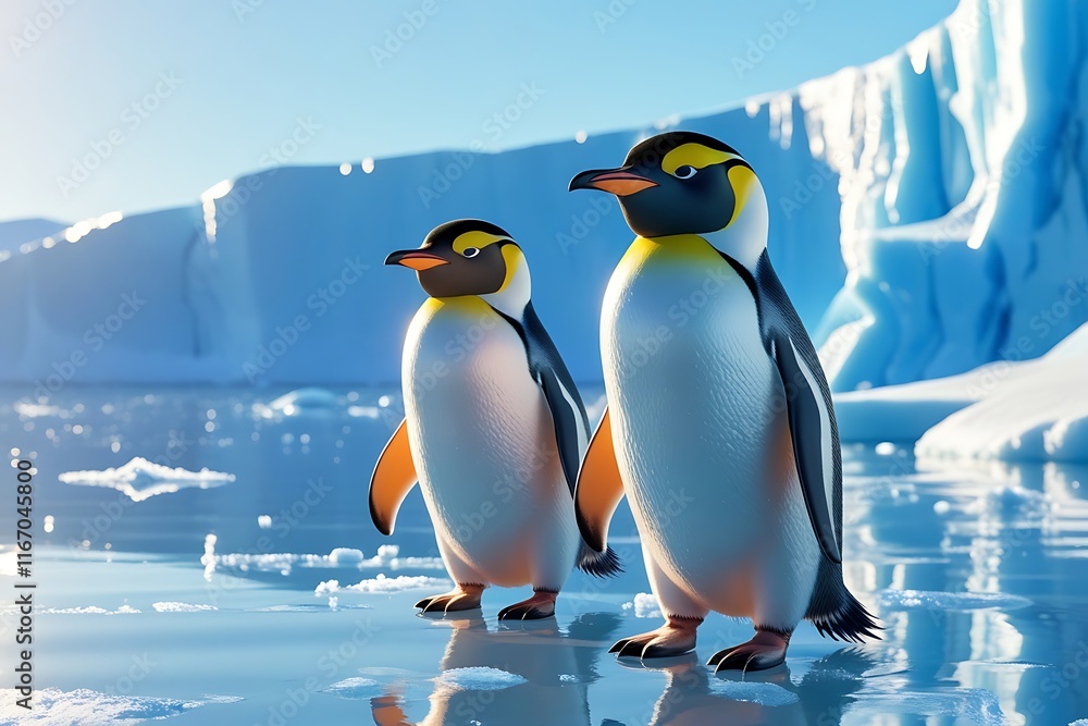 Fototapeta premium Embark on an awe-inspiring adventure through stunning landscapes of Antarctica, where adorable penguins navigate icy cliffs, pure white scenery enchants your soul, and resilient bond of survival 