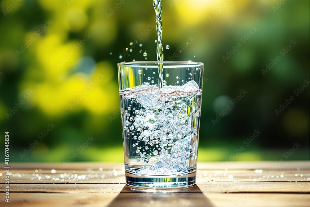 Clear glass of water with ice cubes on wood table, vibrant green blurred background, sunlight reflections, hydration concept. Ai generative Clear glass of water with ice cubes on wood table, vibrant green blurred background, sunlight reflections, hydration concept. Ai generative