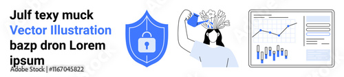 Text elements, a blue shield with a lock, a woman watering flowers from her head, and a data analytics chart. Ideal for data security, personal growth, digital marketing, analytics, web solutions