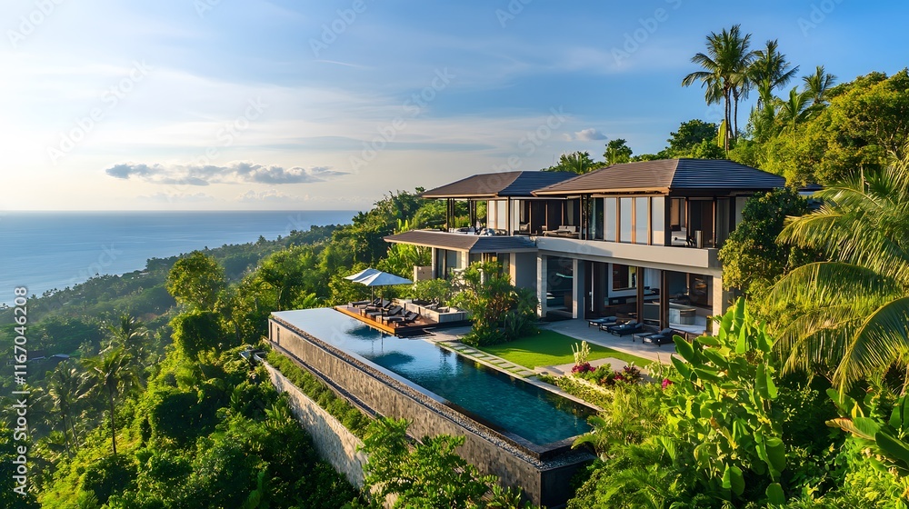 Fototapeta premium 熱帯の丘に佇む高級ヴィラとインフィニティプール