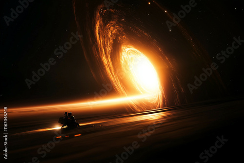 A shimmering black hole distorts the stars around it, with a small spacecraft on the edge, symbolizing the danger and mystery of the final frontier