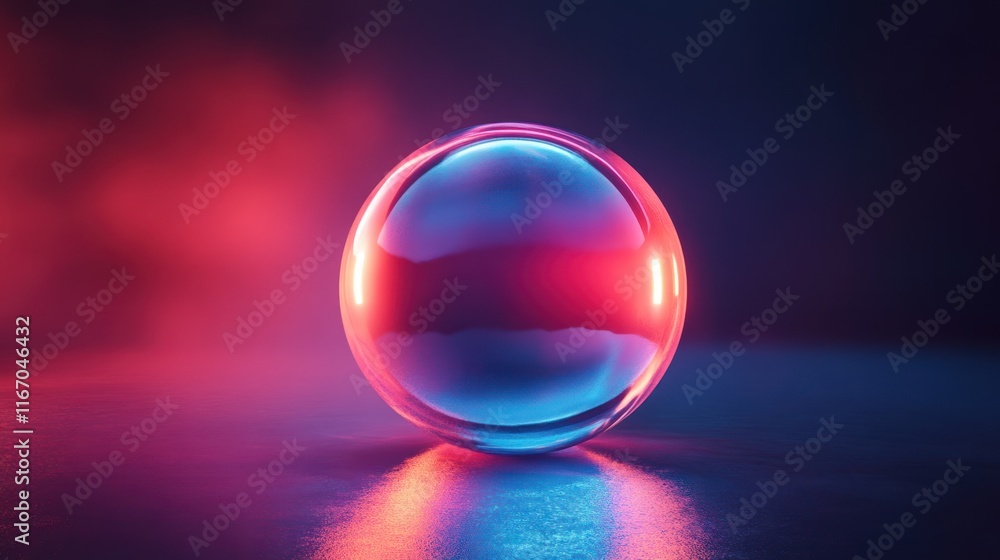 Illuminated glass sphere on dark surface with red and blue neon lighting. Illuminated glass sphere on dark surface with red and blue neon lighting.