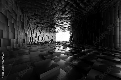 Fotografie Abstract geometric tunnel with black cubes reflecting light