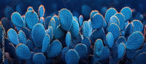 Closeup of a cluster of lush vibrant blue cactus plants with spiky textured leaves against a dark blue background  This striking