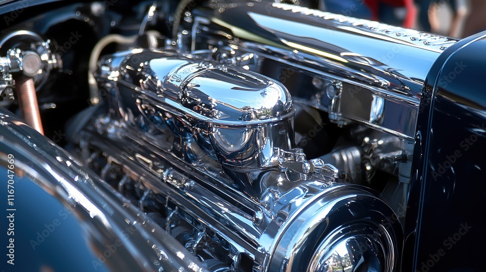 A beautifully restored antique engine, gleaming with chrome and polished metal. A beautifully restored antique engine, gleaming with chrome and polished metal.
