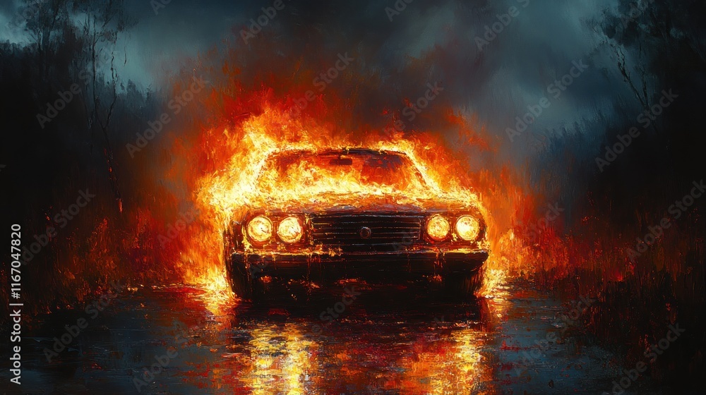 dramatic scene of car engulfed in flames at night firefighters battling intense blaze with water jets smoke chaos rescue action dramatic scene of car engulfed in flames at night firefighters battling intense blaze with water jets smoke chaos rescue action