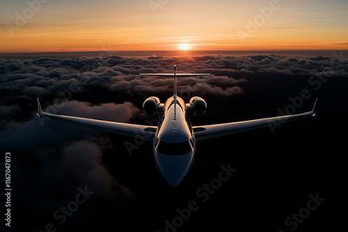 A sleek private jet cruising above thick, golden clouds during dusk, with vibrant orange hues painting the horizon and embodying elegance in every detail.