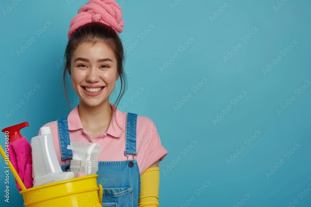 Cheerful young housemaid in yellow rubber gloves with cleaning supplies against a blue background Cheerful young housemaid in yellow rubber gloves with cleaning supplies against a blue background