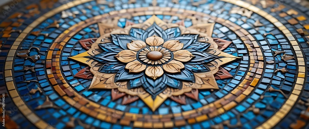 Intricate Mosaic Pattern Forms Circle on Floor with Blue, Gold Floral Intricate Mosaic Pattern Forms Circle on Floor with Blue, Gold Floral