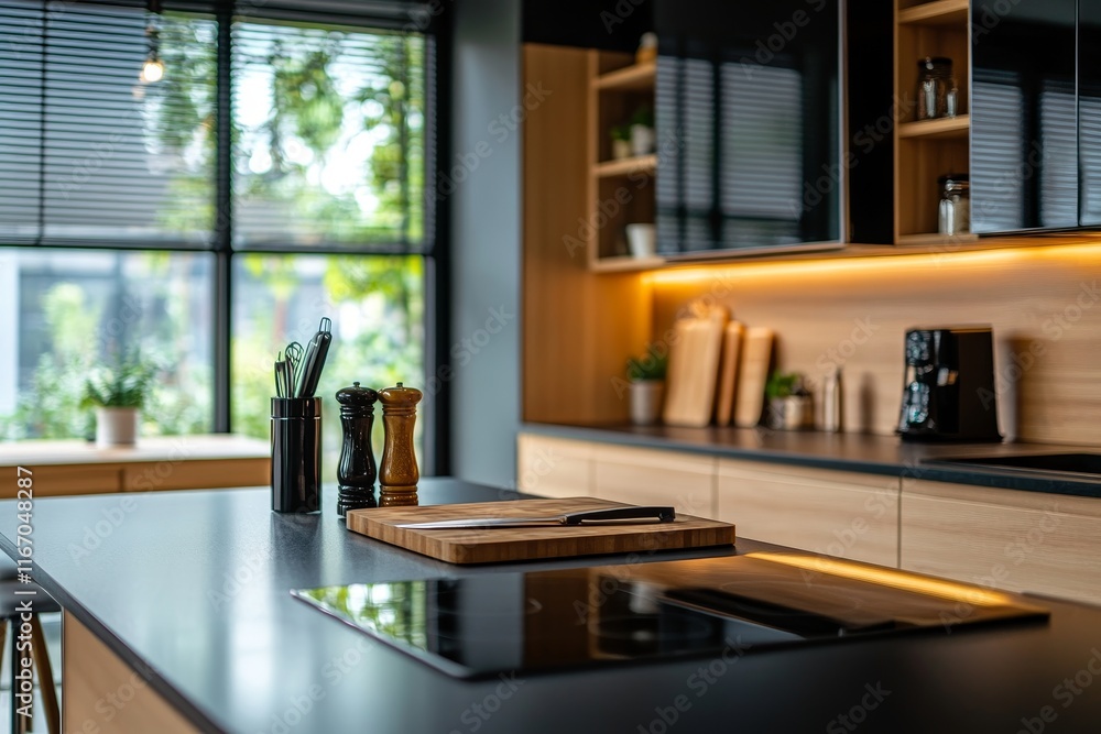 Stylish modern kitchen with black countertop, warm wood accents, and natural light for cozy ambiance Stylish modern kitchen with black countertop, warm wood accents, and natural light for cozy ambiance
