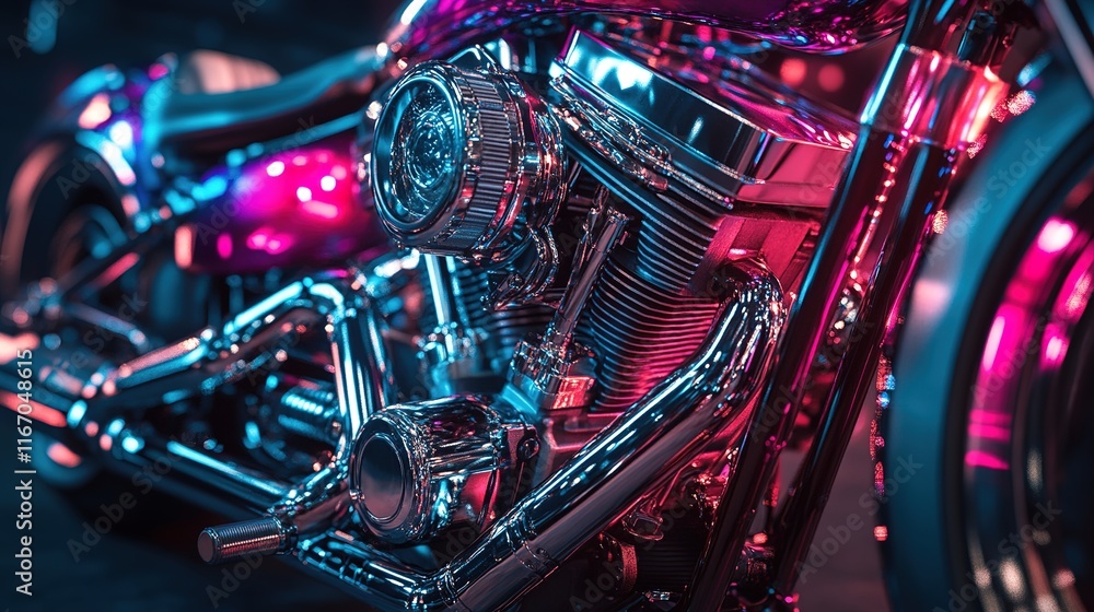 A custom engine with bright anodized parts, shining under show lights. A custom engine with bright anodized parts, shining under show lights.