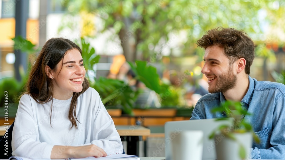 A young couple engages in a friendly conversation at a cafe, surrounded by greenery and a relaxed atmosphere. A young couple engages in a friendly conversation at a cafe, surrounded by greenery and a relaxed atmosphere.