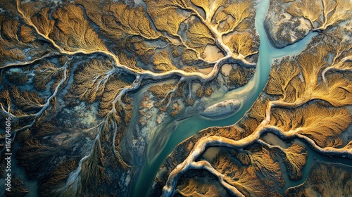 Aerial view of a mangrove forest with a river in the Riau Islands, Indonesia. top-down perspective, high resolution, high definition, high quality, high detail, high contrast, high color, professional photo