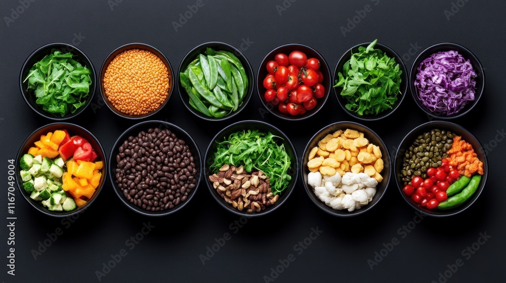 Colorful bowls of fresh vegetables and legumes arranged neatly. Colorful bowls of fresh vegetables and legumes arranged neatly.