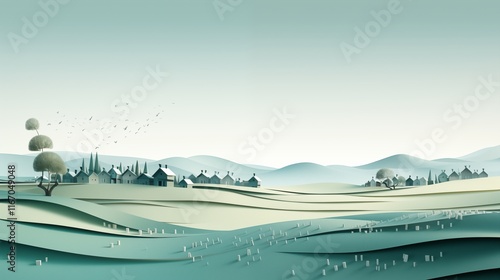 Paper cut of a peaceful rural countryside empty, empty space in the middle, backlighting, light yellow background,generative ai illustration