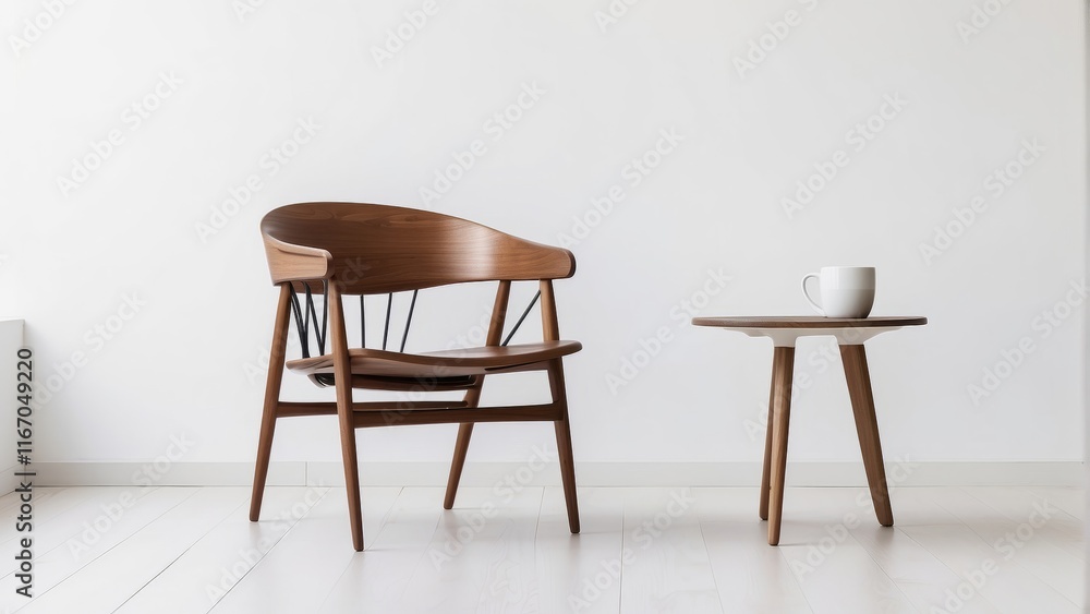 chair and wood side table against empty white color wall background. Minimalist style home chair and wood side table against empty white color wall background. Minimalist style home