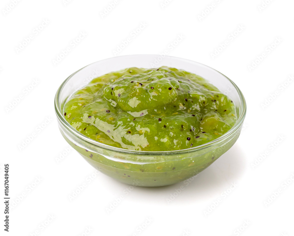 Green Jam Isolated, Sweet Kiwi Confiture in Bowl, Gooseberry Marmalade, Green Tomato Jam Green Jam Isolated, Sweet Kiwi Confiture in Bowl, Gooseberry Marmalade, Green Tomato Jam