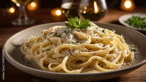 Delicious Italian Pasta Dish with Parmesan and White Wine photo