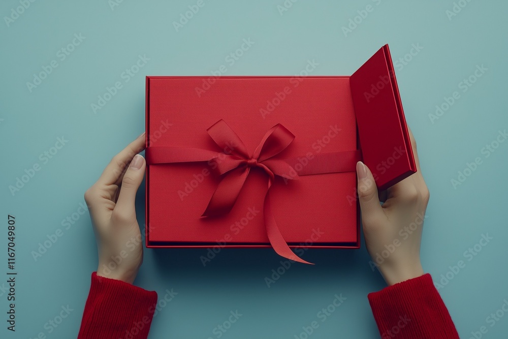 Female Hands Opening Elegant Red Gift Box with Ribbon: Luxury Mockup on Light Blue Background Female Hands Opening Elegant Red Gift Box with Ribbon: Luxury Mockup on Light Blue Background