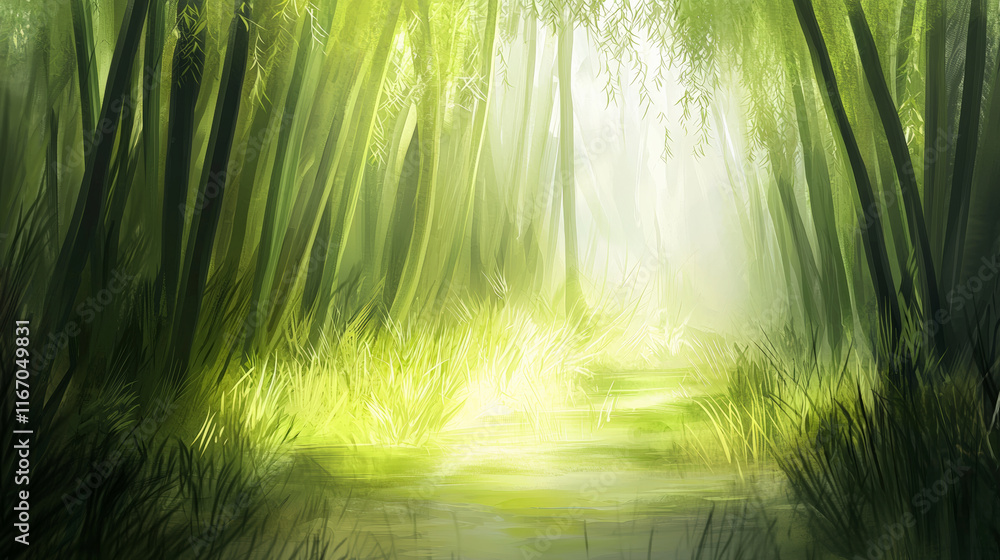 Fototapeta premium Lush bamboo forest with soft green tones and gentle light filtering through