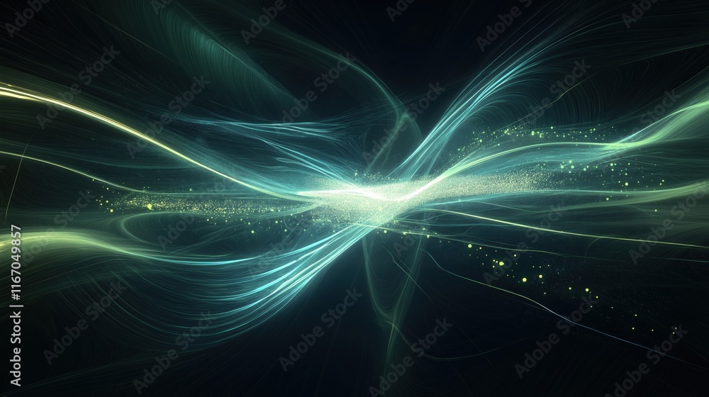A mesmerizing display of flowing light waves in shades of blue and green against a dark background. A mesmerizing display of flowing light waves in shades of blue and green against a dark background.