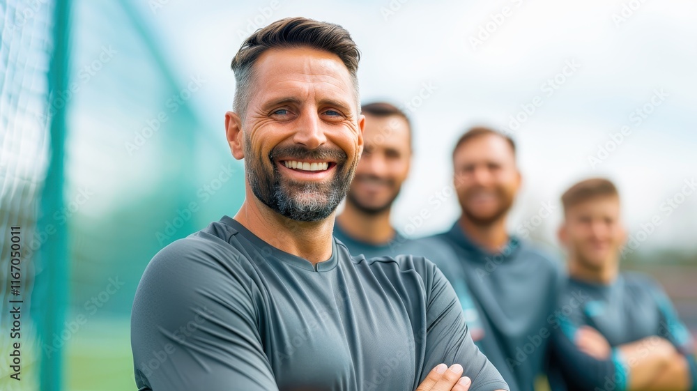 A smiling man stands confidently in front of teammates, showcasing camaraderie and teamwork on a sports field.