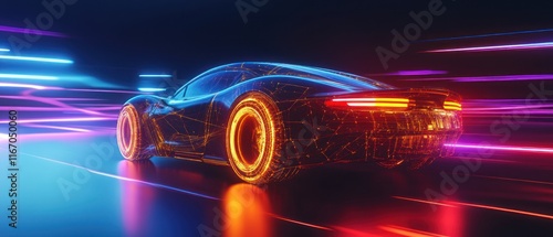 Futuristic car speeding on neon road.