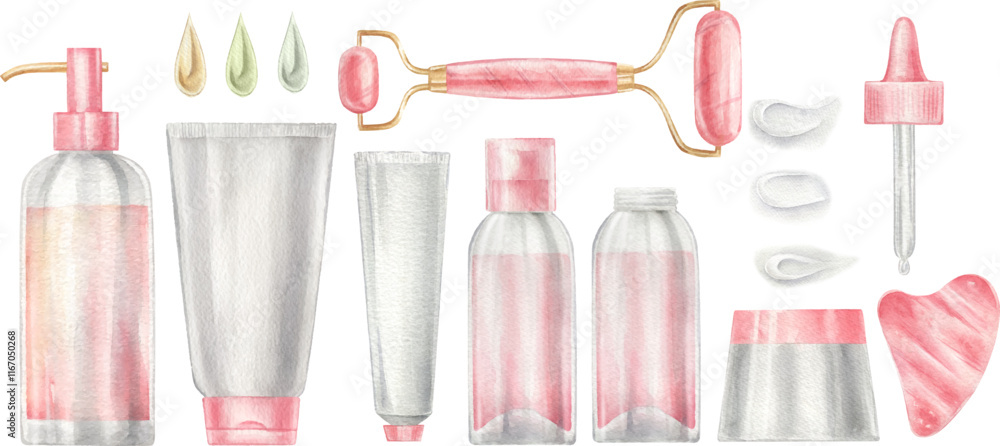 Obraz premium Watercolor set of illustration witn face cream and face massage roller.