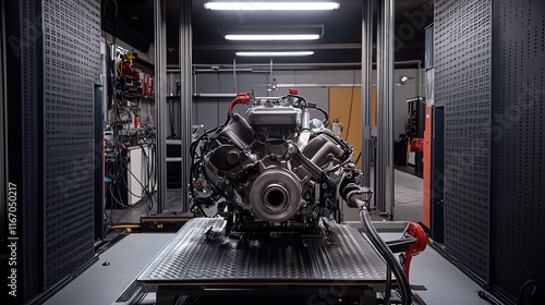 A high-torque, custom-built engine being tested on a dyno in a performance shop. photo