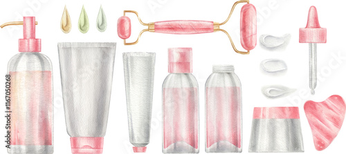 Watercolor set of illustration witn face cream and face massage roller.