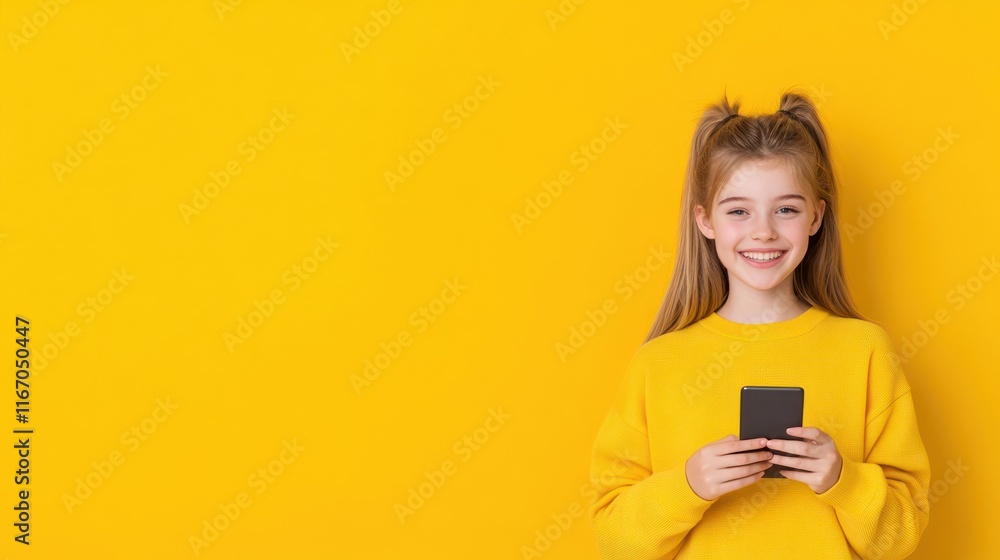 Smiling girl in yellow sweater holding a smartphone against a bright background. Smiling girl in yellow sweater holding a smartphone against a bright background.
