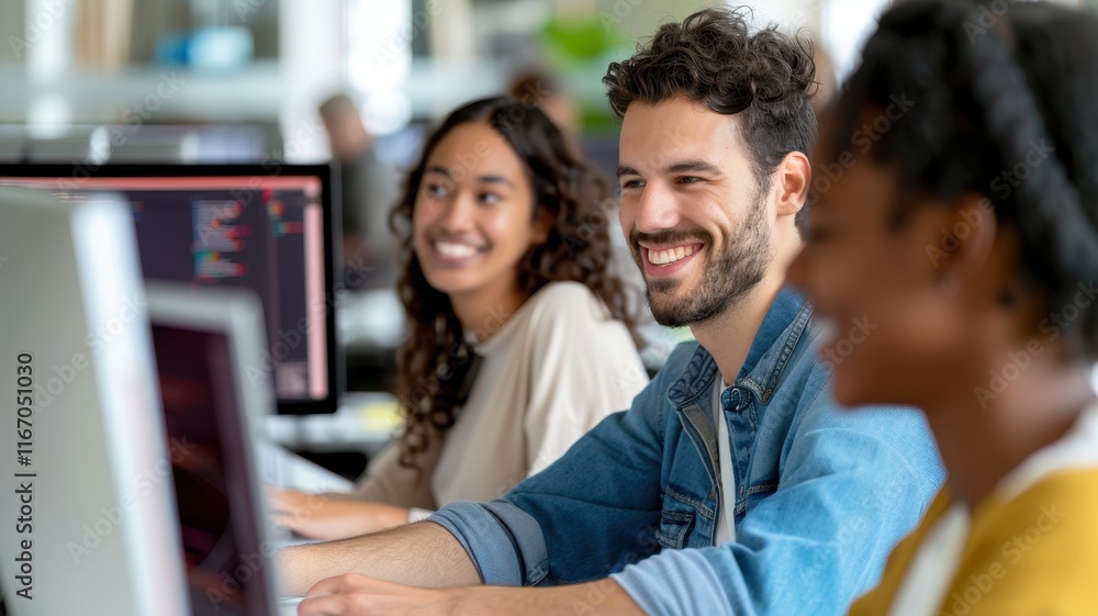 A group of diverse young people smiling while working on computers in a collaborative workspace. A group of diverse young people smiling while working on computers in a collaborative workspace.